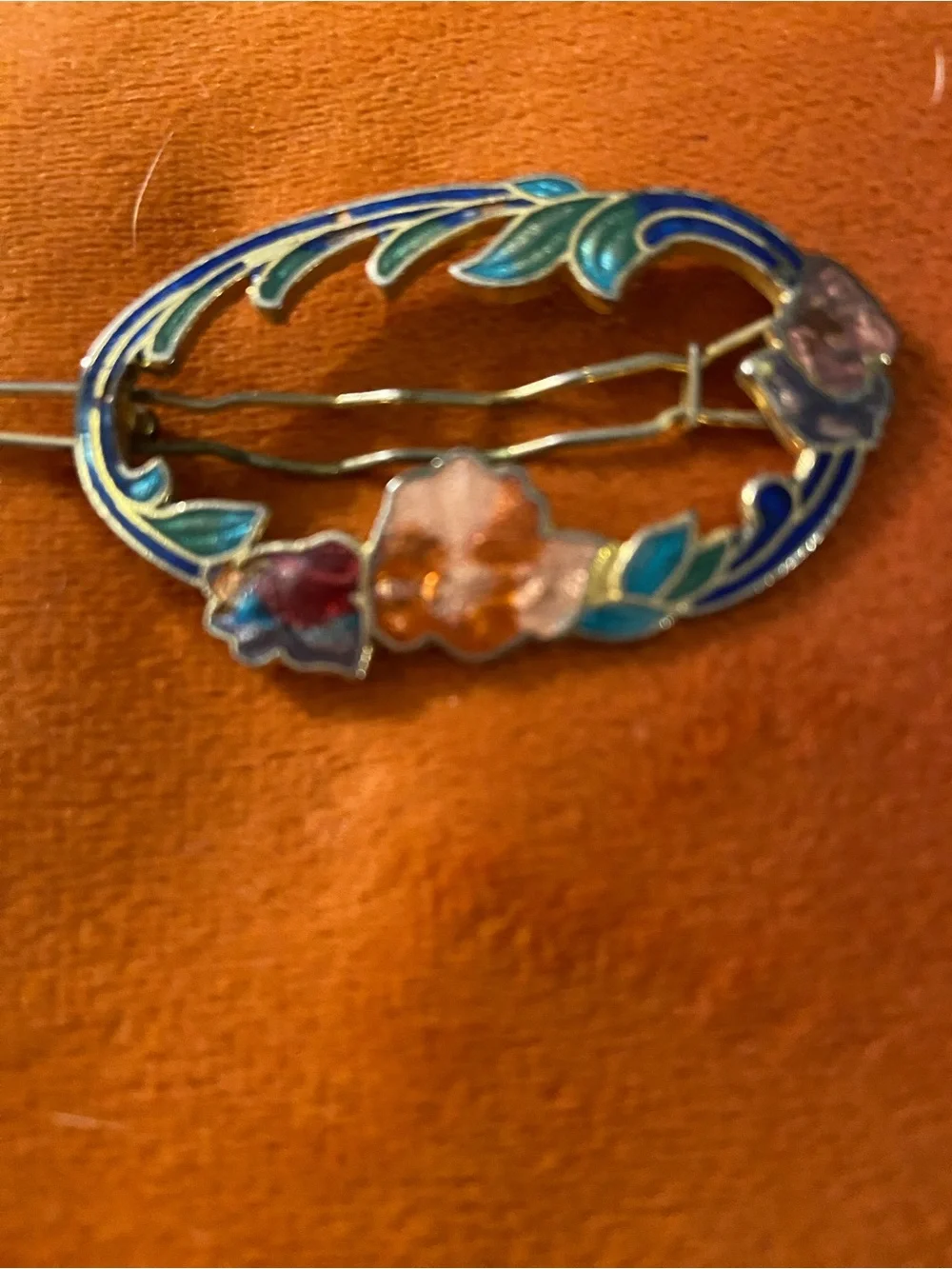 Vintage Multicolor Enamel Floral Barrette with Blue and Green Accents